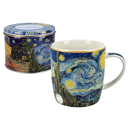 Carmani - Porzellan-Tasse für Tee oder Kaffee in einer Metalldose für Tee, Kaffee, Zucker, Aufbewahrungsbox mit Deckel, bedruckt mit Vincent van Gogh, The Starry Night