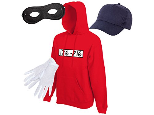 Alsino Panzerknacker Fan Kostüm Outfit Hoodie Maske Set Cap Handschuhe Einbrecher Bankräuber Verkleidung, Größe wählen:L