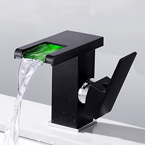 LED Wasserfall Waschbecken 3 Farben Wasserhahn Badarmatur Einhebelmischer Beckenarmaturen Schwarz für Badezimmer Küche