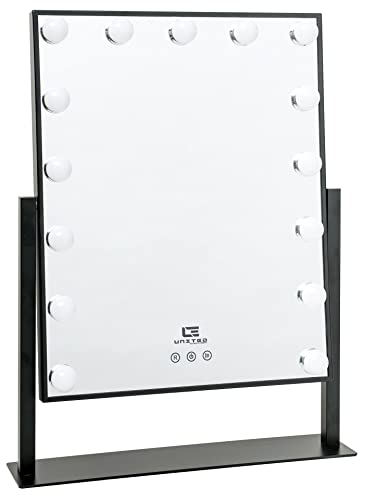 United Entertainment Hollywood Schminkspiegel mit dimmbarer LED-Beleuchtung, schwarzer Tischspiegel mit 15 LEDs, 360 Grad drehbar Kosmetikspiegel mit Smart Touch-Schalter und Memory-Funktion, 40x50 cm