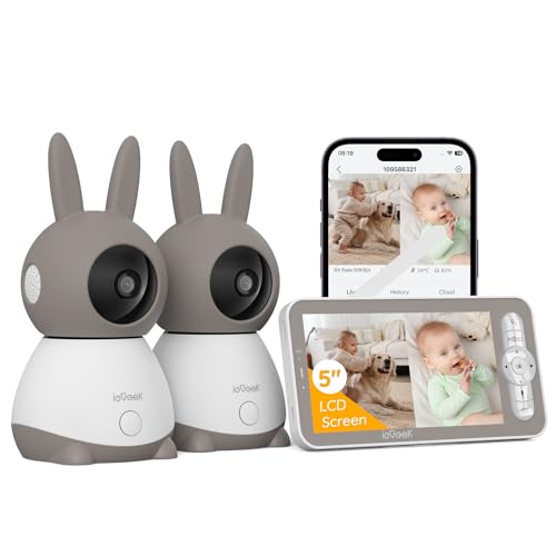 ieGeek Babyphone mit 2 Kamera [2K/3MP, 5 Zoll] WLAN Video Babyfon PTZ 355°, IR-Nachtsicht, Automatische Verfolgung, Weinen/Bewegungs/Geräuscherkennung, unterstützt Mobile App Steuerung