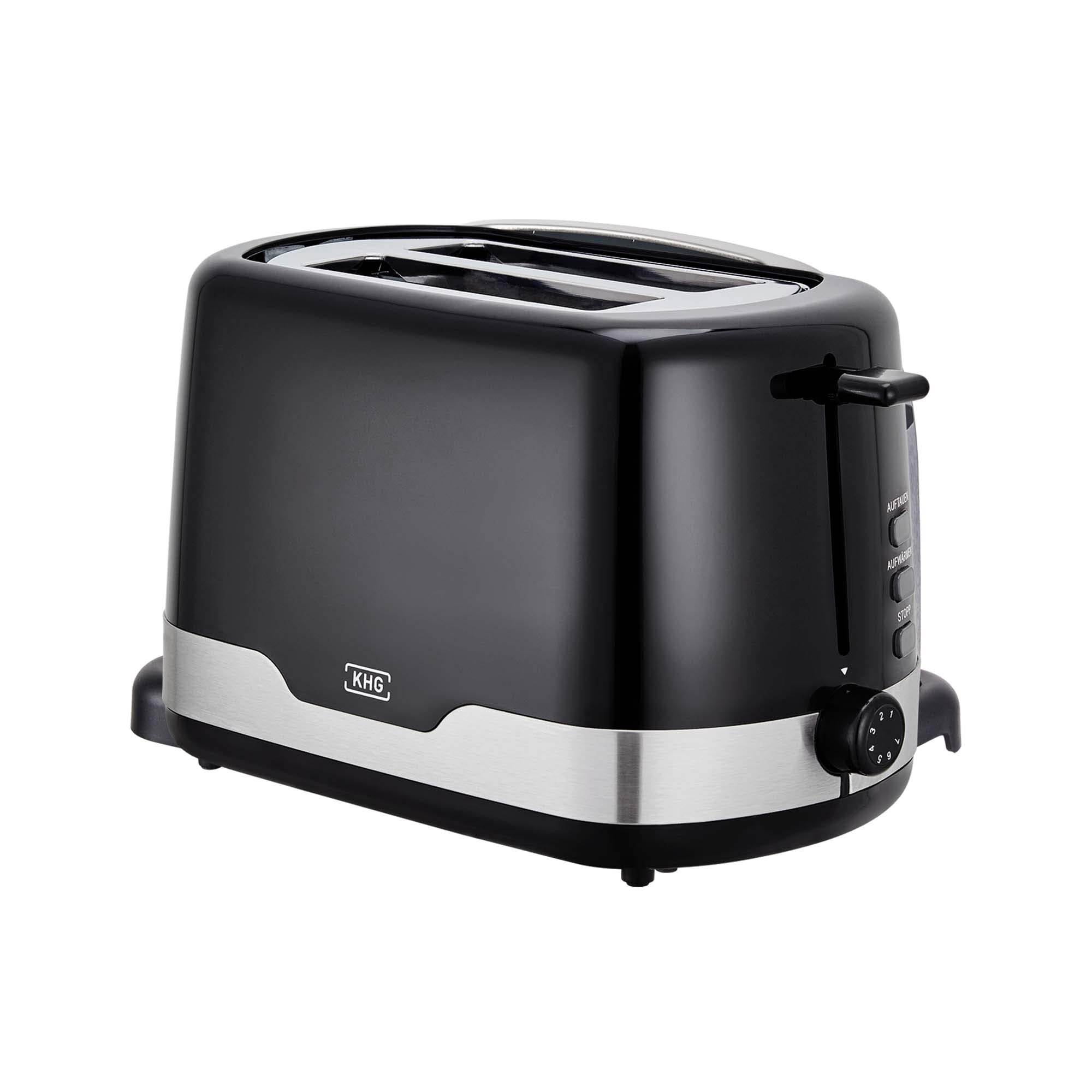 KHG TO-857 WE2 Toaster Schwarz 2 Scheiben 850 W mit Brötchenaufsatz, 7 Bräunungsstufen, Krümelschublade, Auftau- und Aufwärmfunktion Farbe-Dekor: Schwarz/Edelstahl