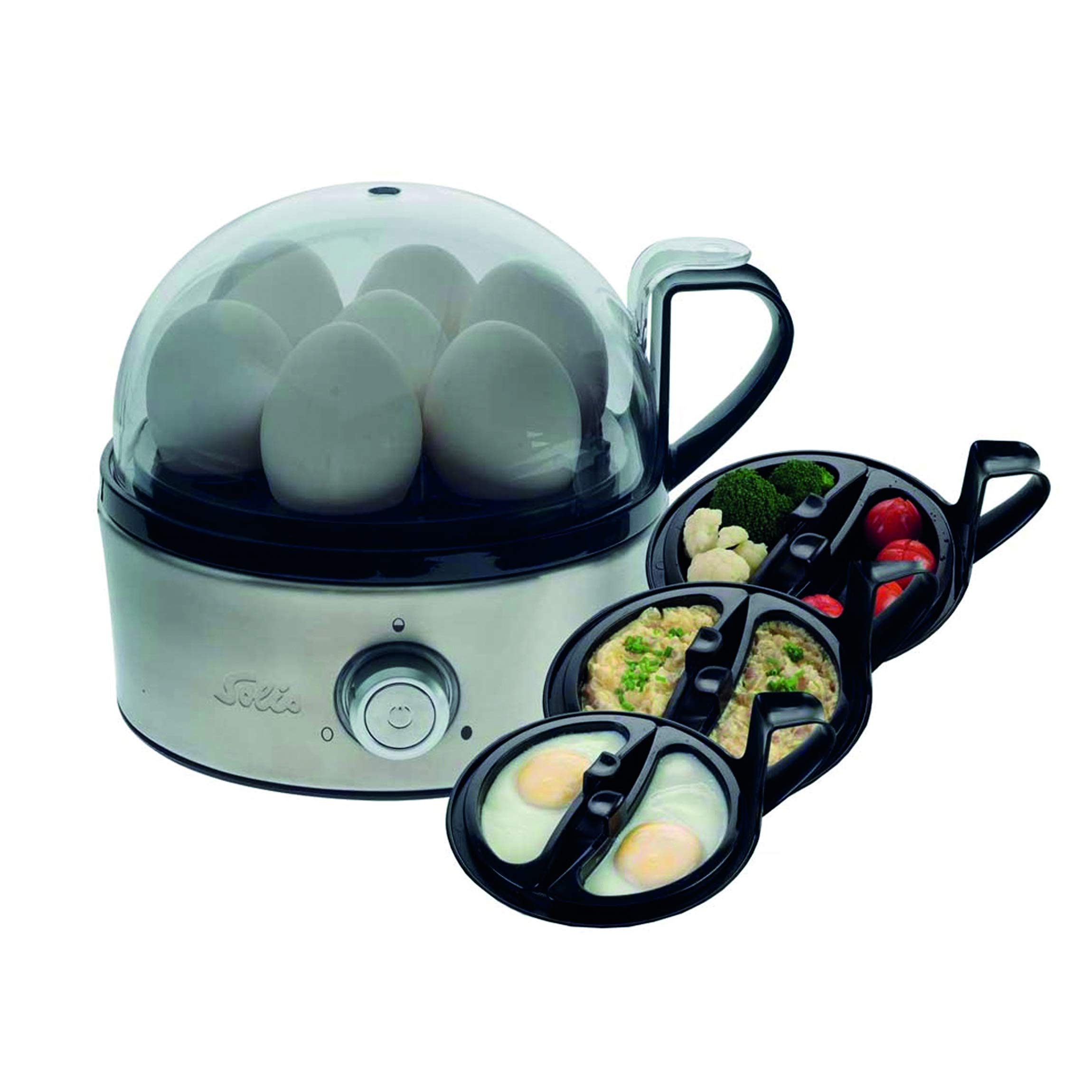 Solis Eierkocher Egg Boiler & More 827 - Für 7 Eier - Kochen und Dämpfen - Mit Härtegradeinstellung für das Ei - Eiereinsatz und 2 Schalen - Edelstahl