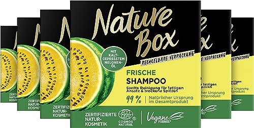 Nature Box festes Shampoo Frische (6x 85 g), Haarshampoo mit kaltgepresstem Melonen-Öl für fettigen Ansatz & trockene Spitzen, Shampoo in recycelbarer Verpackung