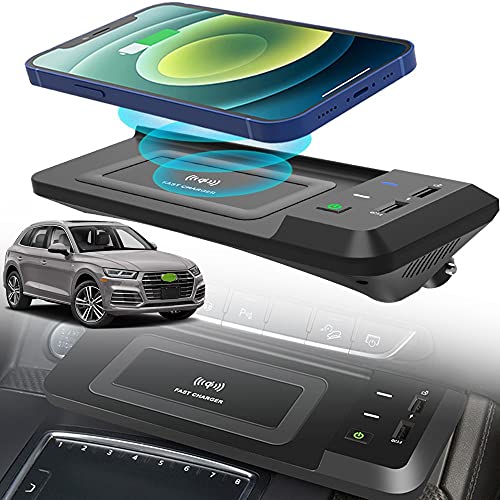 Braveking1 Kabelloses Ladegerät Auto Kompatibel mit Audi Q5 SQ5 2019 2020 2021 Center Console-Zubehörfeld, 15W Qi Wireless Schnell-ladegerät mit QC3.0 USB für iPhone 12/11/XS/X/8 Samsung S20/S10/S9