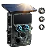 Duales Objektiv Solar Wildkamera WLAN 4K 30FPS 60MP, Sternenlicht Nachtsicht Bluetooth Wildtierkamera mit 0,1S Auslösezeit IMX458-Sensoren 120° Weitwinkel IP66 Wasserdicht für die Wildtierüberwachung