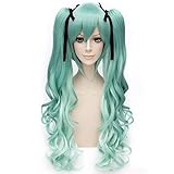 GJBXP Hairpieces Long Curly Wavy Hair, Anime Cosplay Wig, with Bangs, with 2 Ponytails, Wig Snow Miku Vocaloid, 30+80CM