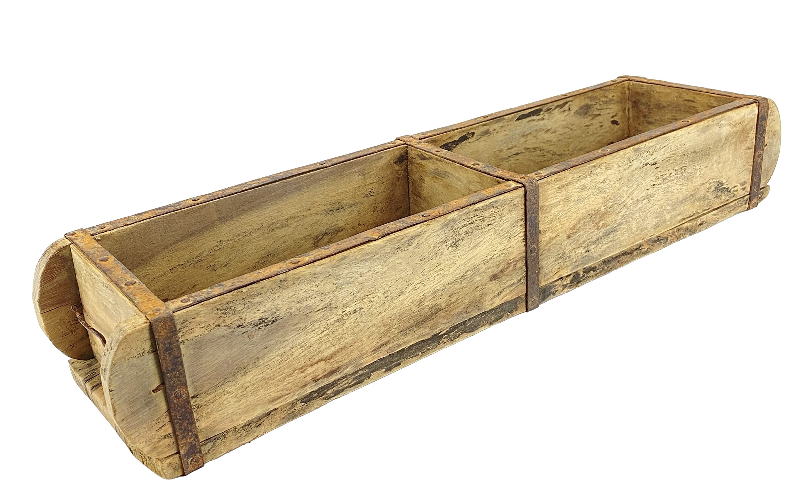 Crispe home & garden Alte Holz Aufbewahrungs-Box – Doppel Ziegelform aus Holz – 2 Fächer – mit Metallbeschlägen – Maße (HxBxT) 10 x 55,5 x 15 cm