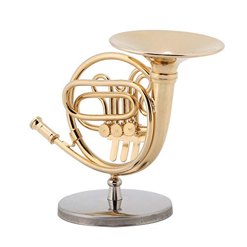 Exblue Miniatur Französisch Horn Delicated Golden Mini Instrument Ornament mit schönen Fall, Dekoration für Musikliebhaber