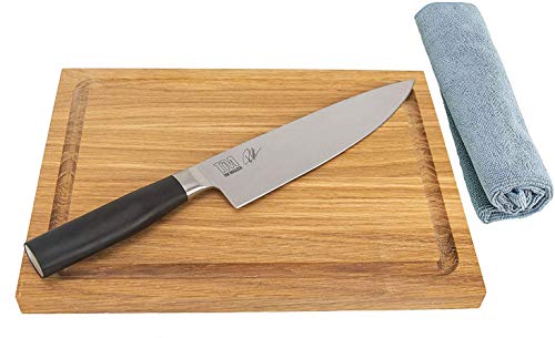 Kai Shun Tim Mälzer Geschenkset TMK-0706 Kochmesser 20 cm, ultrascharfes Japan Messer + massives Kai-Schneidebrett, 33x22 cm, (Eiche) +Poliertuch