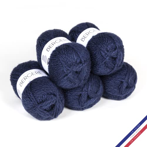 Bergère de France - ALASKA 100, Wolle set zum stricken und häkeln (5 x 100 g) 50% gekämmte Wolle - 6 mm - großes rundes Futtergarn - Blau (MARINIERE)