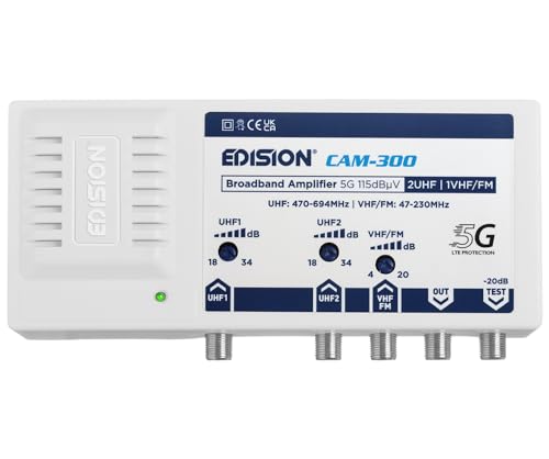 EDISION CAM-300 Mehrbereichsverstärker 2UHF, 1VHF/FM, 18-34db, 115dBmV, geeignet für Kabelfernsehen, Terrestrisch DVB-T/T2 und Radio, 5G LTE Filter, Frequenzbereich UHF 470-694Mhz, VHF/FM 47-230MHz
