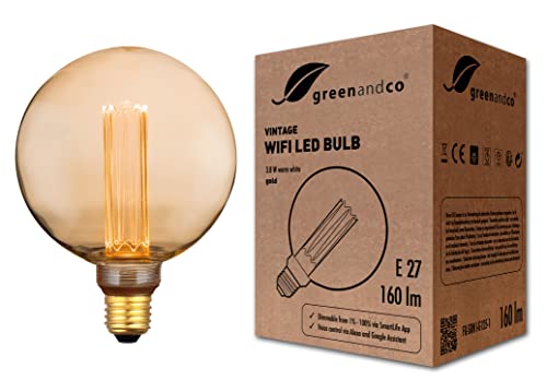 greenandco® Smart WiFi Vintage Design LED Lampe E27 G125, 3.8W 160lm 1800K 320° 230V, flimmerfrei, dimmbar, kompatibel mit Alexa und Google Assistant, WLAN (ohne Hub), 2 Jahre Garantie