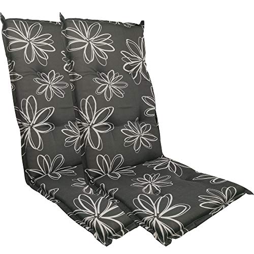 DILUMA Hochlehner Auflage Naxos für Gartenstühle 118x49 cm 2er Set Blume Schwarz - 6 cm Starke Stuhlauflage mit Komfortschaumkern und Bezug aus Baumwoll-Mischgewebe - Made in EU mit ÖkoTex100