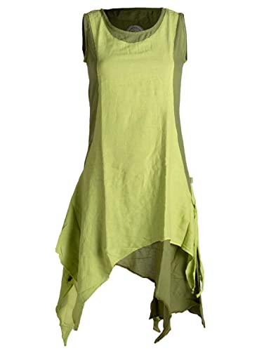 Vishes - Alternative Bekleidung - Ärmelloses Zipfeliges Lagenlook Kleid/Tunika aus handgewebter Baumwolle Olive-hellgrün 38