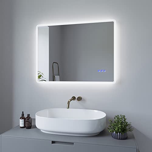 AQUABATOS 80x60cm Badspiegel mit Beleuchtung Badezimmerspiegel LED Lichtspiegel Wandspiegel Energiesparend. Touch-Schalter Dimmbar, Kaltweiß 6400K, Warmweiß 3000K, Spiegelheizung, IP44, CE
