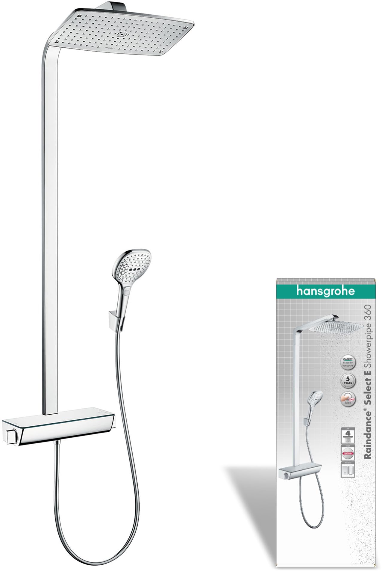 hansgrohe Raindance Select E - Duschsystem mit Thermostat, Regendusche (360 x 190 mm) mit Armatur, Handbrause (3 Strahlarten), Schlauch, Brausestange und eckiger Kopfbrause (1 Strahlart), Chrom