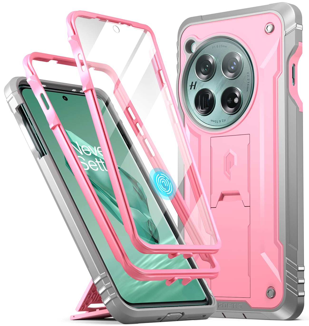 POETIC Revolution Hülle Kompatibel mit OnePlus 12 5G (2024), integrierter Displayschutz, funktioniert mit Fingerabdruck-ID, Robuste, Stoßfeste Ganzkörper-Schutzhülle mit Ständer, Pink