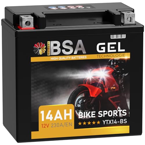 BSA YTX14-BS Motorradbatterie 12V 14Ah 230A/EN Gel Batterie 12V doppelte Lebensdauer entspricht 51214 YTX14-4 CTX14-BS GTX14-BS vorgeladen auslaufsicher wartungsfrei