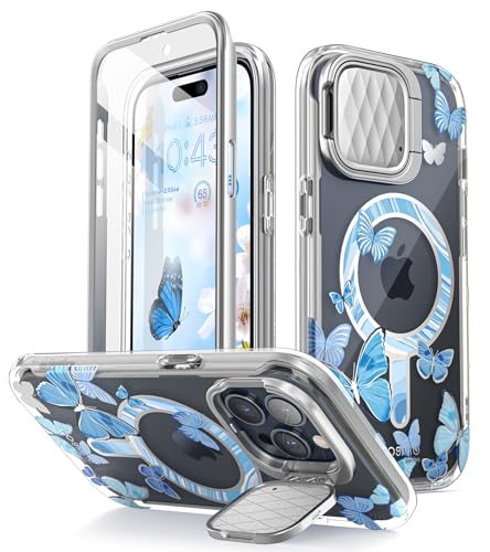 i-Blason Cosmo Mag für iPhone 15 Pro Hülle (6.1") mit Kameraschutz Ständer, [Kompatibel mit MagSafe] Glitzer Handyhülle Schlank Case Schutzhülle mit Displayschutz 2023, Bluefly