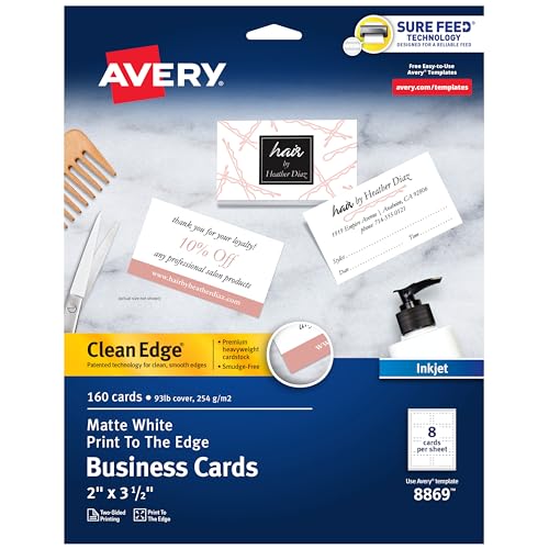 Avery Clean Edge Bedruckbare Visitenkarten mit Sure Feed Technologie, 5,1 x 8,9 cm, weiß, 160 leere Karten für Tintenstrahldrucker (08869)