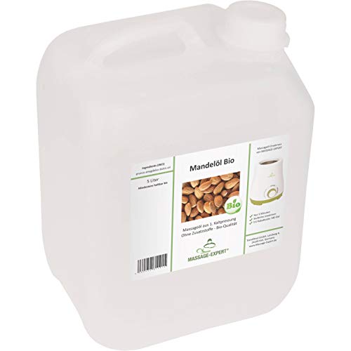 MASSAGE-EXPERT Mandelöl Bio kaltgepresst - Basisöl für Massage, Babymassage, Hautpflege und Haarpflege [5 Liter Kanister]