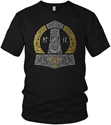 North Gold Silber Edition - The Thor Mjölnir Wikinger Hammer Runen Wikinger Valhalla Walhalla Vikings - Herren T-Shirt und Männer Tshirt, Größe:3XL, Farbe:Gold/Silber