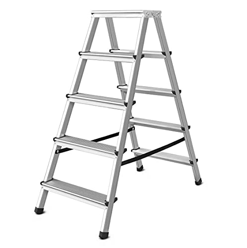 Trittleiter mit 3,4 oder 5 Stufen – doppelseitige Profi-Leiter aus Aluminium, bis zu 125 kg Belastung, Klapptritt für Haushalt, FORTENA (2x5 Stufen)