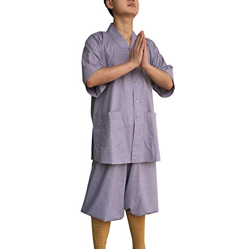 G-like Buddisten Mönche Laien Kostüm - Chinesische Traditionelle Buddhistische Taoistische Kleidung Kampfkunst Shaolin Kung Fu Wushu Kurzärmelige Robe Stehkragen Uniform Sommer Anzug (Grau, M)