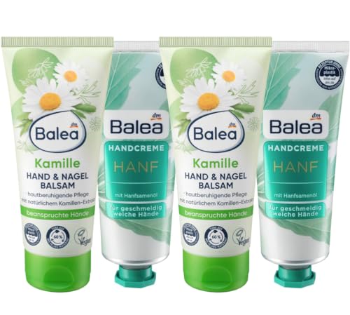 Balea 4er-Set Hautpflege: Hand- und Nagelbalsam KAMILLE mit Panthenol, unterstützt die Regeneration der Haut & Elastizität der Nägel (2 x 100 ml) + Handcreme HANF mit Hanfsamenöl (2 x 75 ml), 350 ml