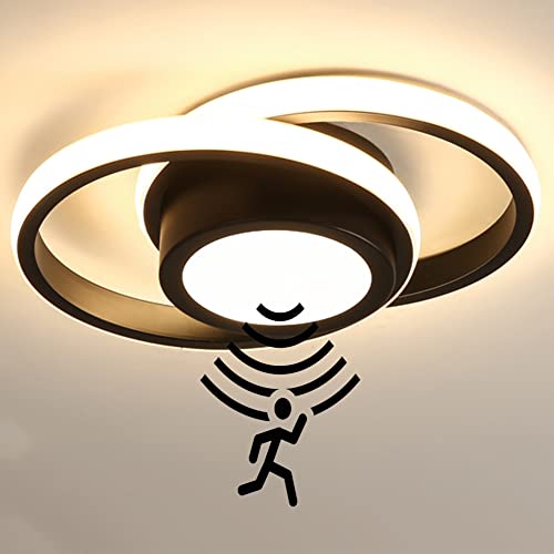 LED Deckenlampe mit Bewegungsmelder 32W Modern Innen 2 Ring Sensorlampe Deckenleuchte mit Tageslichtsensor Flur Deckenbeleuchtung mit Sensor für Treppe Wohnzimmer Balkon Küche BüRo Lampe,Schwarz 6000k
