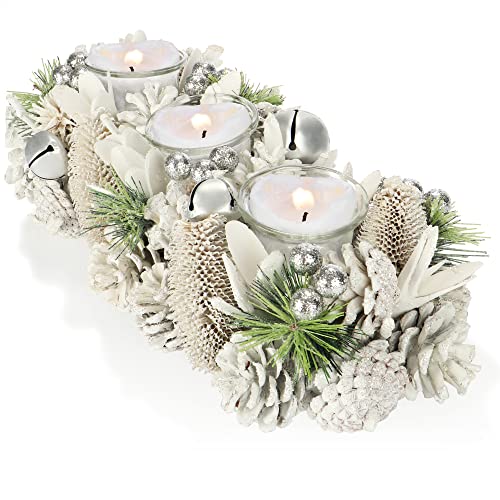 COM-FOUR® Teelichthalter - dekorativer Kerzenständer für Weihnachten und Herbst - Kerzenhalter mit natürlichen Materialien - Handarbeit (Adventsgesteck - 3 Kerzen)