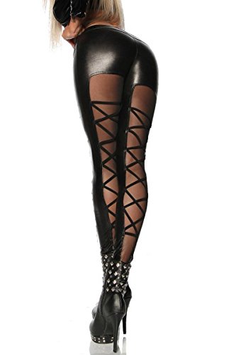 Scharfe Wetlook-Leggings mit Schnürung schwarz Clubwear Hose, Größe:L