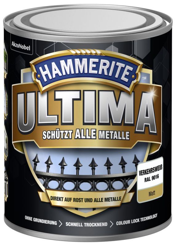 5379756 Hammerite ULTIMA Metallschutz Lack Rost 750ml Matt Verkehrsweiß RAL 9016