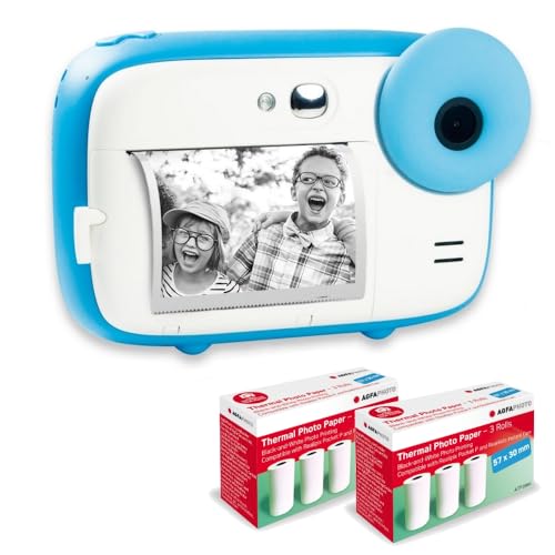 AGFA Photo Realikids Instant Cam + 6 Rollen Thermopapier, ATP3WH – Sofortbildkamera für Kinder, LCD-Display 2,4 Zoll, Lithium-Akku, Selfie-Spiegel und Fotofilter – Blau