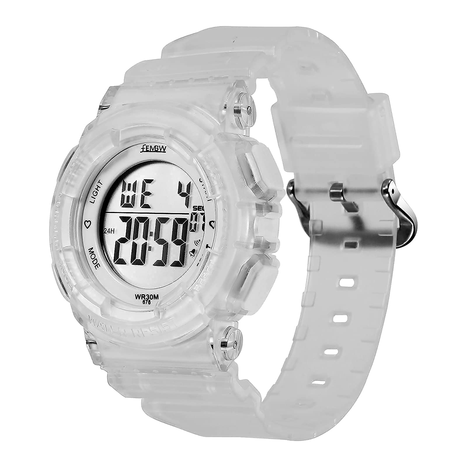 FEMBW Sport Digital Armbanduhr mit 7-Farben-Hintergrundbeleuchtung Alarm und Stoppuhr, Harzarmband(Transparent)