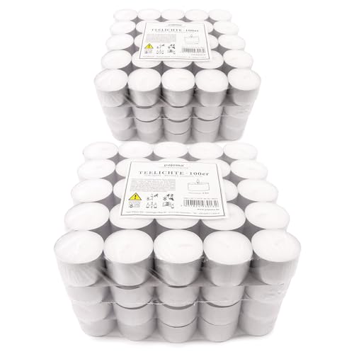 Pajoma Teelichte unbeduftet , Brenndauer: 8 Std. Großpackung für Gastro Hochzeit ohne Duft Paraffinwachs (2x100)
