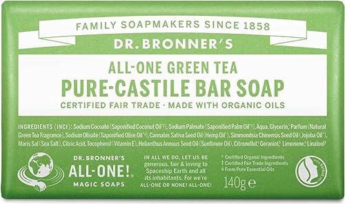 Dr Bronner's Reine Naturseife | Green Tea | Seifenstück | Mit Biologischen Ölen | Grüner Tee | Ohne Synthetische Zusätze | 700 g (5 x 140 g)