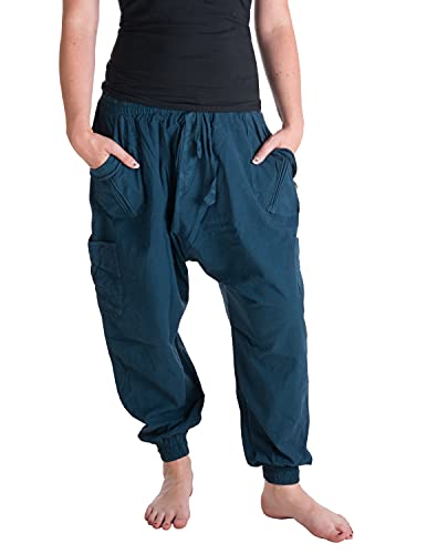Vishes – Alternative Bekleidung – Sommer Haremshose mit Taschen aus Baumwolle mit elastischem Bund – handgewebt türkis Einheitsgröße 38 bis 44