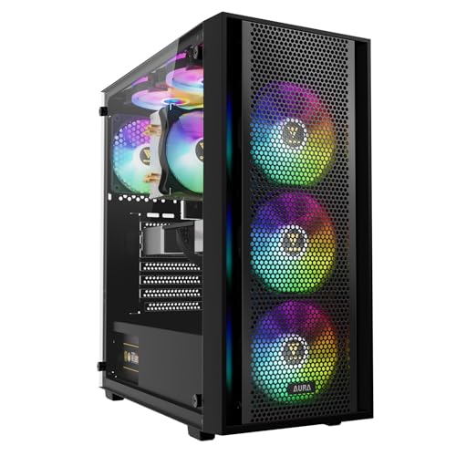 GAMDIAS ATX Mid Tower Gaming-Computer-PC-Gehäuse mit seitlichem gehärtetem Glas, 4 x 120 mm RGB-Gehäuselüfter, saubere Netzfront und Synchronisierung mit 5 V RGB-Motherboard