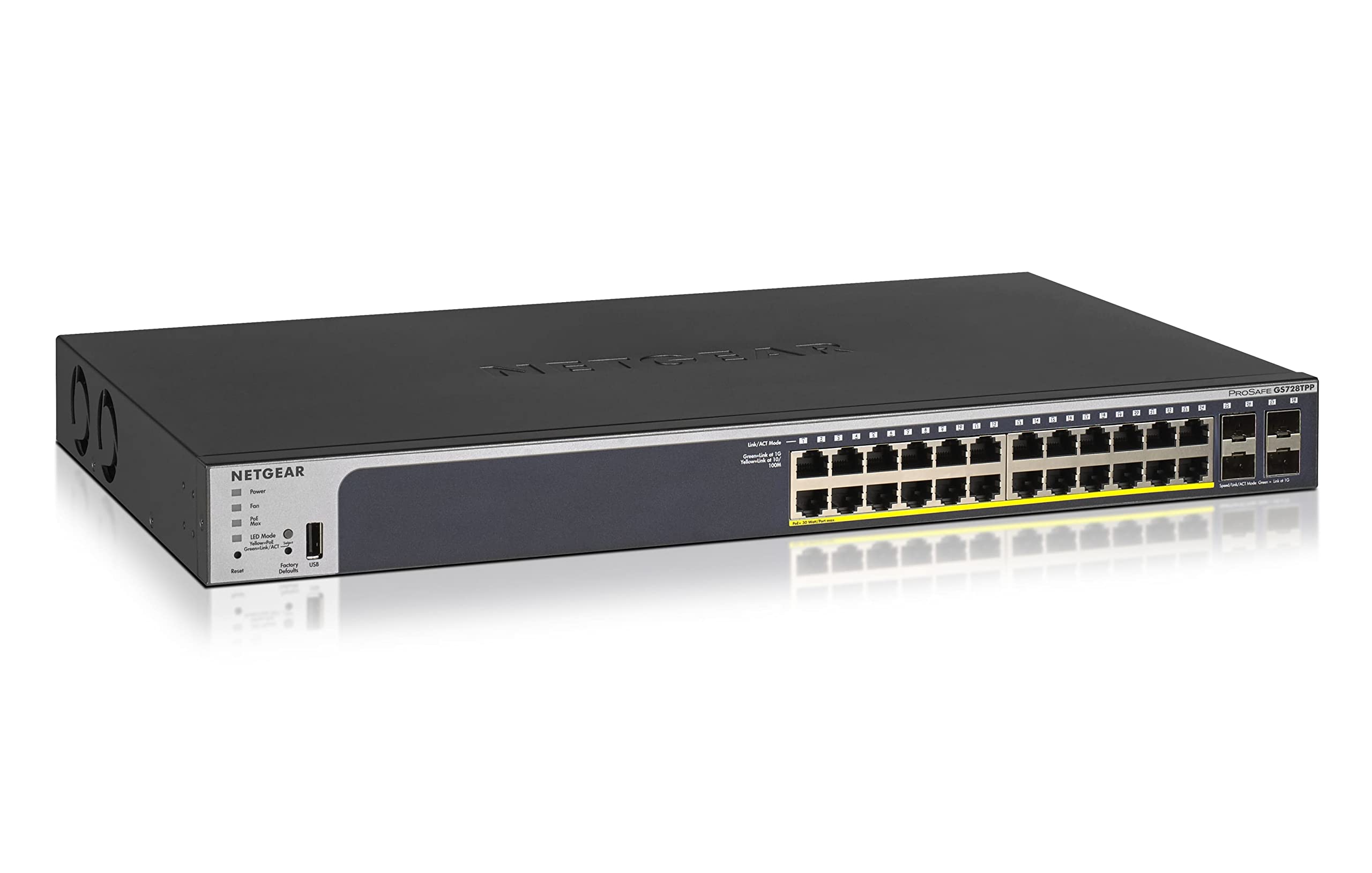 Netgear GS728TPP 28 Port Gigabit Ethernet LAN PoE Switch Smart (Netzwerk Switch Managed mit 24x PoE+ 380W, 4x 1G-SFP, Desktop oder 19 Zoll Rack-Montage, ProSAFE Lifetime-Garantie)