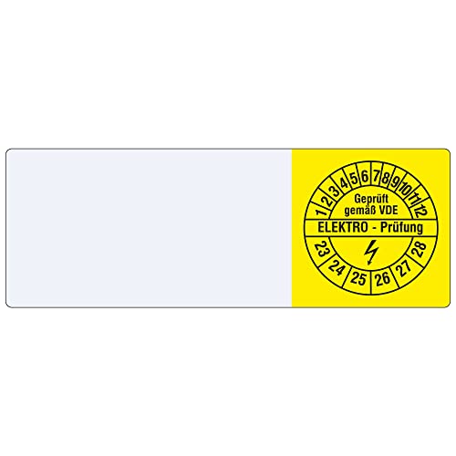 Labelident Kabelprüfplaketten 25 x 70 mm für Kabel-Ø 7,5 bis 16,5 mm - Elektro-Prüfung / Geprüft VDE / Blitzsymbol - 1000 Prüfplaketten auf Rolle 2023-2028, Vinylfolie gelb