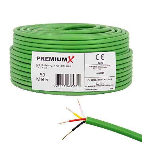 PremiumX 50m EIB Bus-Kabel J-Y(ST) Yh 2x2x0,8 Eca Busleitung Fernmeldekabel Datenkabel grün (0,60EUR/M)