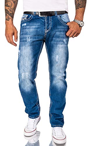 Rock Creek Herren Jeans Hose Comfort Fit Dicke Nähte Jeans Herrenjeans Herrenhose Denim Stonewashed Basic Weites Bein Raw RC-2268 Blau W42 L36