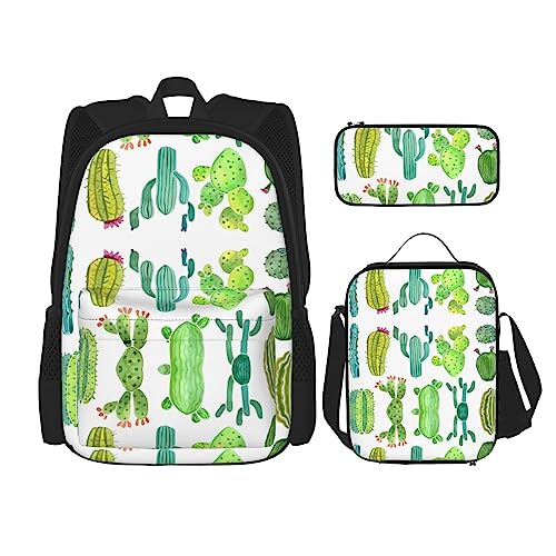 OdDdot Schulrucksack-Set, Reiserucksack, leichte Büchertasche, mit Lunch-Tasche, Federmäppchen, niedlicher Cartoon-Elefantenaufdruck, Kaktus..., Einheitsgröße, Schulranzen-Set