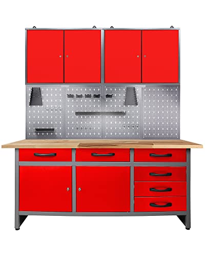 Ondis24 Werkstatteinrichtung rot 160 cm breit, Werkbank, Werkzeugschrank, Werkzeugwand, LED