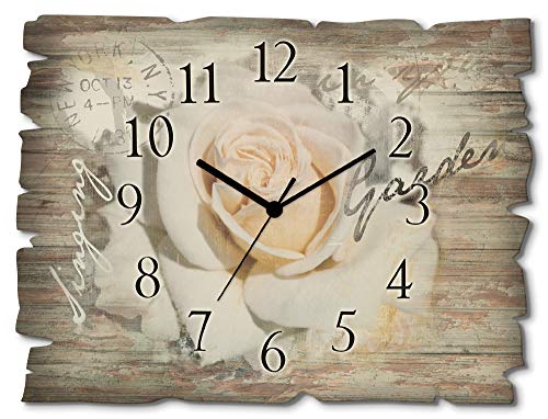 Artland Wanduhr ohne Tickgeräusche aus Holz Funk Uhr lautlos rechteckig 40x30 cm Querformat Natur Blumen Rose Kunst Weiß Schrift T5GJ