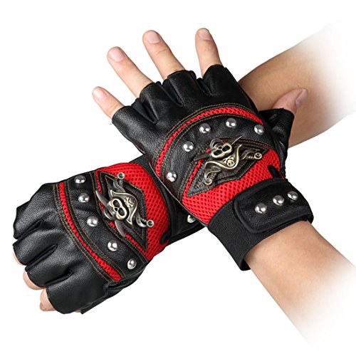 Coolwife Steampunk Gothic Handschuhe Herren Geuuine Leder Captain Fingerless Fäustlinge (B Rot)