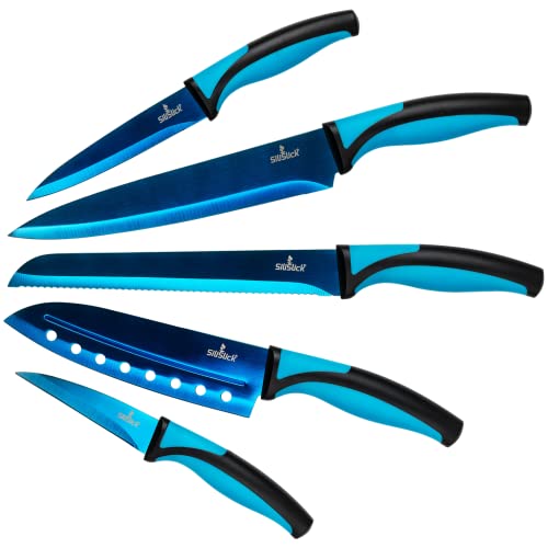 SiliSlick Messerset, 5 Scharfe Küchenmesser als Set zum Kochen, Hochwertige Klingen aus Edelstahl, Titanbeschichtung mit Regenbogeneffekt, Ergonomische Griffe, Blau Griff, Blau Klinge
