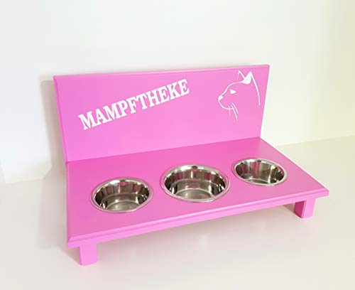 Jennys Tiershop Futterbar. Katzen Napf, Mampftheke. Napfhalter für Katzen. Futterbar Katze in rosa. 2 x 350/1 x 750 ml Edelstahlnäpfe (f5e)